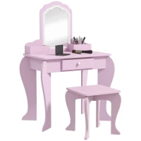 Qaba Makeup Vanity with Mirror and Stool, Cloud Design, Drawer, Storage Boxes, for 3-6 Years Old, Pink(m-9)
