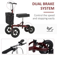 HOMCOM Knee Scooter for Foot Injuries in Adults with Basket Storage, Portable Folding Knee Walker Mobility Scooter for Medical Rehabilitation & Injuries, Red(m-7)