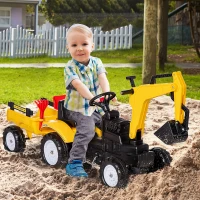 Aosom Digger Ride-on Truck Kids Car with Horn, Excavator Ride-on Toy, Imaginative Toy Construction Car, 6 Wheels & Detachable Trailer, Yellow(m-10)