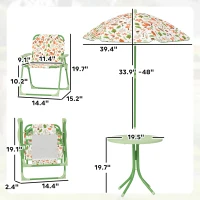 Qaba Kids Picnic Table and Chair Set, Outdoor Activity Table with Foldable Chairs, Removable Umbrella for Backyard, Green(m-3)