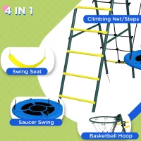 Outsunny 4 in 1 Swing Set for Kids with Saucer Swing, Seat, Climbing Ladder/Net, Basketball Hoop for 3-8 Years Old, Yellow(m-5)
