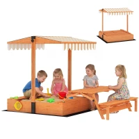 Qaba Kids Sandbox with Canopy, Wooden Sand Box with Foldable Picnic Table, Bench Seats, Liner, Cover, Gift for Ages 3-8(m-9)