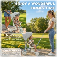 Qaba 9 in 1 Toddler Tricycle with Safety Harness, Adjustable & Removable Parent Handle, Canopy, Storage Bag, Brake, Blue(m-5)