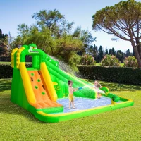 Outsunny 6 in 1 Inflatable Water Slide for Kids Backyard Water Park Castle Bounce House Extra Large Crocodile Style with Basket, Cannon, Pool, Climbing Wall, Slide and Carrybag Without Air Blower(m-2)