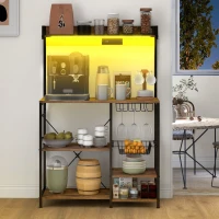 HOMCOM Industrial Kitchen Bakers Rack with Charging Station, RGB Lights, Glass Holders and Open Shelves, Rustic Brown(m-10)