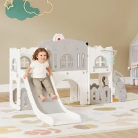 Qaba 9 in 1 Toddler Slide with Basketball Hoop, Climber, Telescope, Tunnel, Steering Wheel, for 1-3 Years, Grey(m-8)