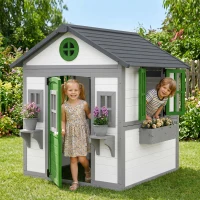 Outsunny Wooden Playhouse for Kids Outdoor with Door, Windows, Planter Pots and Boxes for Toddlers 3-8 Years, White(m-1)