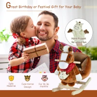 Qaba Baby Rocking Horse, Plush Animal Rocker for Toddlers Aged 18-36 Months, Stuffed Ride Toy with Hand Puppet, Sounds, Seat Belt, Brown(m-4)