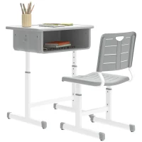 Qaba Kids Desk and Chair Set, Height Adjustable Children Study Desk and Chair with Drawer, Study Table for Bedroom, Grey(m-9)