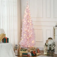 HOMCOM 6ft Pencil Christmas Tree, Slim Artificial Christmas Tree with Realistic Branches and Warm White LED Lights, Pink(m-10)