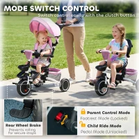 Aosom Tricycle for Toddler 6-in-1 Kids Trike, Foldable Converts Stroller to Baby Push Bike, Adjustable Backrest with Detachable Guardrail & Handle, Brake for 1-4 Years Old, Pink(m-7)