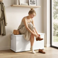 HOMCOM 31.5" Lift Top Storage Chest with Safety Hinge, Storage Box Organizer with Flip-Top Lid for Bedroom, White(m-7)
