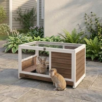 PawHut Indoor Rabbit Enclosure, on Wheels, Indoor Bunny Cage Small Animal House with Pull Out Tray Casters Ramp, 35.5" x 21" x 23", Brown(m-8)