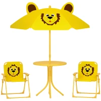 Qaba Kids Picnic Table and Chair Set, Outdoor Activity Table with Foldable Chairs, Height Adjustable Umbrella, Yellow(m-11)