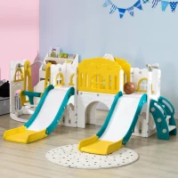 Qaba 8 in 1 Slide and Swing Set, Toddler Slide Set with Basketball Hoop, Climber, Steering Wheel, for Aged 1-3 Years, Yellow(m-8)