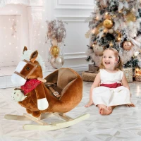 Qaba Baby Rocking Horse, Plush Animal Rocker for Toddlers Aged 18-36 Months, Stuffed Ride Toy with Hand Puppet, Sounds, Seat Belt, Brown(m-1)