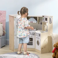 Qaba Wooden Play Kitchen with Lights Sounds, Corner Kids Kitchen Playset with Play Phone, Ice Maker, Microwave, Range Hood, Refrigerator, Utensils, For Ages 3-6 Years Old, White(m-1)