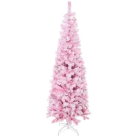 HOMCOM 6ft Tall Unlit Snow Flocked Artificial Christmas Tree Slim Pencil Xmas Tree with Pine Shape and Realistic Branches, Pink(m-11)