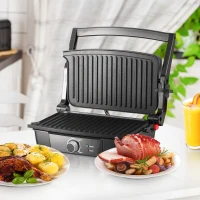 HOMCOM 4 Slice Panini Press Grill, Stainless Steel Sandwich Maker with Non-Stick Double Plates, Locking Lids and Drip Tray, Opens 180 Degrees to Fit Any Type or Size of Food 13"x10.25"x4.75"(m-22)
