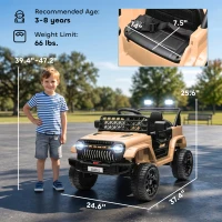 Qaba 12V Battery Powered Ride On Truck, Kids Electric Car with Spring Suspension, Remote, Horn, USB Music, Khaki(m-3)