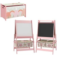 Qaba Toy Box with Lid and Kids Easel with Paper Roll, Blackboard, Whiteboard, Cute Fox Design, for Ages 3-8 Years, Pink(m-1)