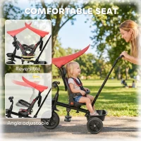 Qaba Kids Tricycle 5 In 1 Trike with Reversible Angle Adjustable Seat Removable Handle Canopy Handrail Belt Storage Footrest Brake Clutch for 1-5 Years Old Red(m-6)