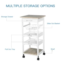 HOMCOM Mobile Kitchen Cart, Rolling Kitchen Island with Storage, Utility Cart with Wire Fruit Baskets, Trays and Drawer, White(m-7)