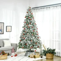 HOMCOM 9' Tall Unlit Snow Flocked Pine Artificial Christmas Tree with Realistic Branches, Green(m-2)