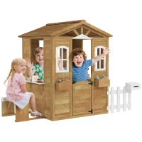 Outsunny Outdoor Playhouse for Kids Wooden Cottage with Working Doors Windows & Mailbox, Pretend Play House for Age 3-6 Years(m-1)