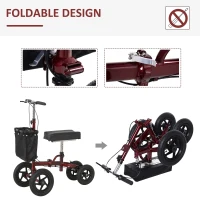 HOMCOM Knee Scooter for Foot Injuries in Adults with Basket Storage, Portable Folding Knee Walker Mobility Scooter for Medical Rehabilitation & Injuries, Red(m-5)