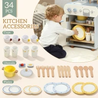 Qaba Wooden Dishwasher Playset, Play Sink Toys with Faucet, Turning Knobs and Accessories, Gift for Boys Girls Toddlers(m-5)