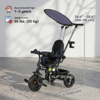 Qaba 6 in 1 Kids Tricycle with Removable Handlebar and Canopy, Navy Blue(m-3)