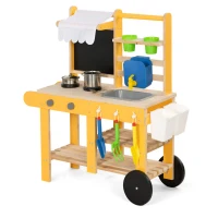 Qaba Mud Kitchen for Kids Outdoor with Wheels, Wooden Play Kitchen with Sink, Storage, Planting Pots, Blackboard, Yellow(m-10)