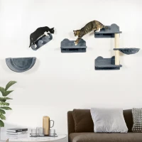 PawHut Cat Wall Shelves, 3PCs Cat Shelves with Hammock, Scratching Post, 3 Steps, Jumping Platforms, Wall Mounted Cat Climber, Grey(m-1)