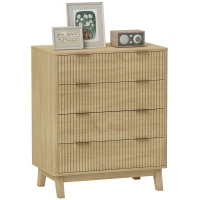 HOMCOM 4 Drawer Double Dresser for Bedroom, Fluted Chest of Drawers with Gold Finger Pulls and 4 Wood Legs, Natural Wood(m-11)