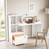 HOMCOM Computer Desk, Office Desk with Bookshelf, File Drawer and Legal Hanging File Holders, White Wood Grain