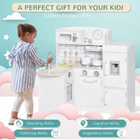 Qaba Corner Kids Kitchen Playset, Wooden Pretend Toy Kitchen Set with Drinking Fountain, Microwave, Fridge and Accessories, Pretend Play Kitchen for 3+ Years, White(m-4)