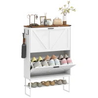 HOMCOM Narrow Shoe Storage Cabinet with 2 Flip Drawers, Slim Shoe Cabinet for 15-20 Pairs, White Wood Grain(m-2)