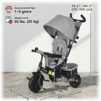 Qaba 6 in 1 Tricycle for Toddler 1-5 Years with Parent-Push Handle, Grey(m-3)