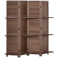 HOMCOM Room Divider, 4 Panel 67" Tall Wood Privacy Screen with 3 Display Shelves, and Folding Storage for Bedroom or Home Office, Walnut(m-1)