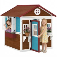Outsunny Wooden Playhouse for Kids Outdoor with Door, Windows, Planter Pots and Boxes for Toddlers 3-8 Years, Dark Brown(m-9)