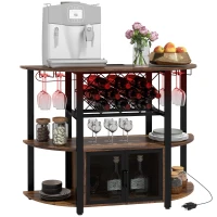 HOMCOM Wine Bar Cabinet with Charging Station, LED Lighted Liquor Cabinet with Wine Racks and Glass Holders, Rustic Brown(m-1)