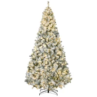 HOMCOM 9' Prelit Artificial Flocked Christmas Trees, with Snow Frosted Branches, Warm White LED Lights, Auto Open(m-1)