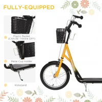 Aosom Youth Scooter, Kick Scooter with Adjustable Handlebars, Double Brakes, 16" Inflatable Rubber Tires, Basket, Cupholder, Orange(m-6)