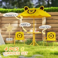Qaba Kids Picnic Table and Chair Set, Outdoor Activity Table with Foldable Chairs, Height Adjustable Umbrella, Yellow(m-4)