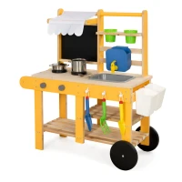 Qaba Mud Kitchen for Kids Outdoor with Wheels, Wooden Play Kitchen with Sink, Storage, Planting Pots, Blackboard, Yellow(m-12)