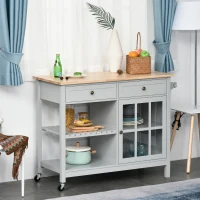 HOMCOM Rolling Kitchen Island with Storage, Kitchen Cart with Solid Wood Top, Glass Door Cabinet, Adjustable Shelf, Towel Rack, 2 Drawers for Dining Room, Gray(m-10)