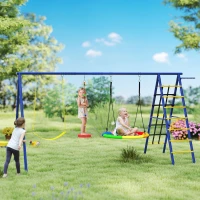 Qaba 6 in 1 Kids Swing Set with 1 Saucer Swing, 1 Belt Swing, 1 Disc Rope Swing, Climbing Ladder and Net, Basketball Hoop(m-8)