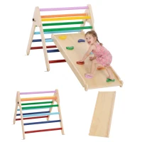 Qaba Pikler Triangle Set, 3 in 1 Climbing Toys with Ramp for Toddlers, Nature Wood(m-9)