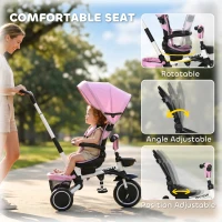 Aosom Tricycle for Toddler 6-in-1 Kids Trike, Foldable Converts Stroller to Baby Push Bike, Adjustable Backrest with Detachable Guardrail & Handle, Brake for 1-4 Years Old, Pink(m-5)